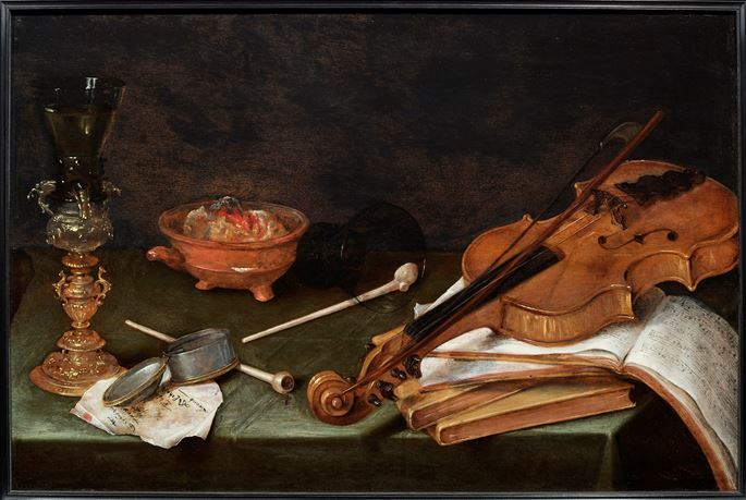 Pieter Claesz - Still Life with Smoking Implements, a gilt Glass Holder, a Violin and a pile of Books: The Five Senses.  | MasterArt
